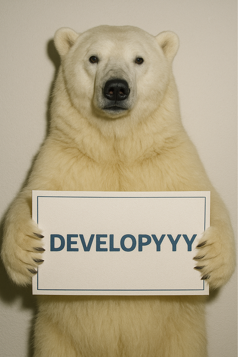 Bear holding DEVELOPYYY sign